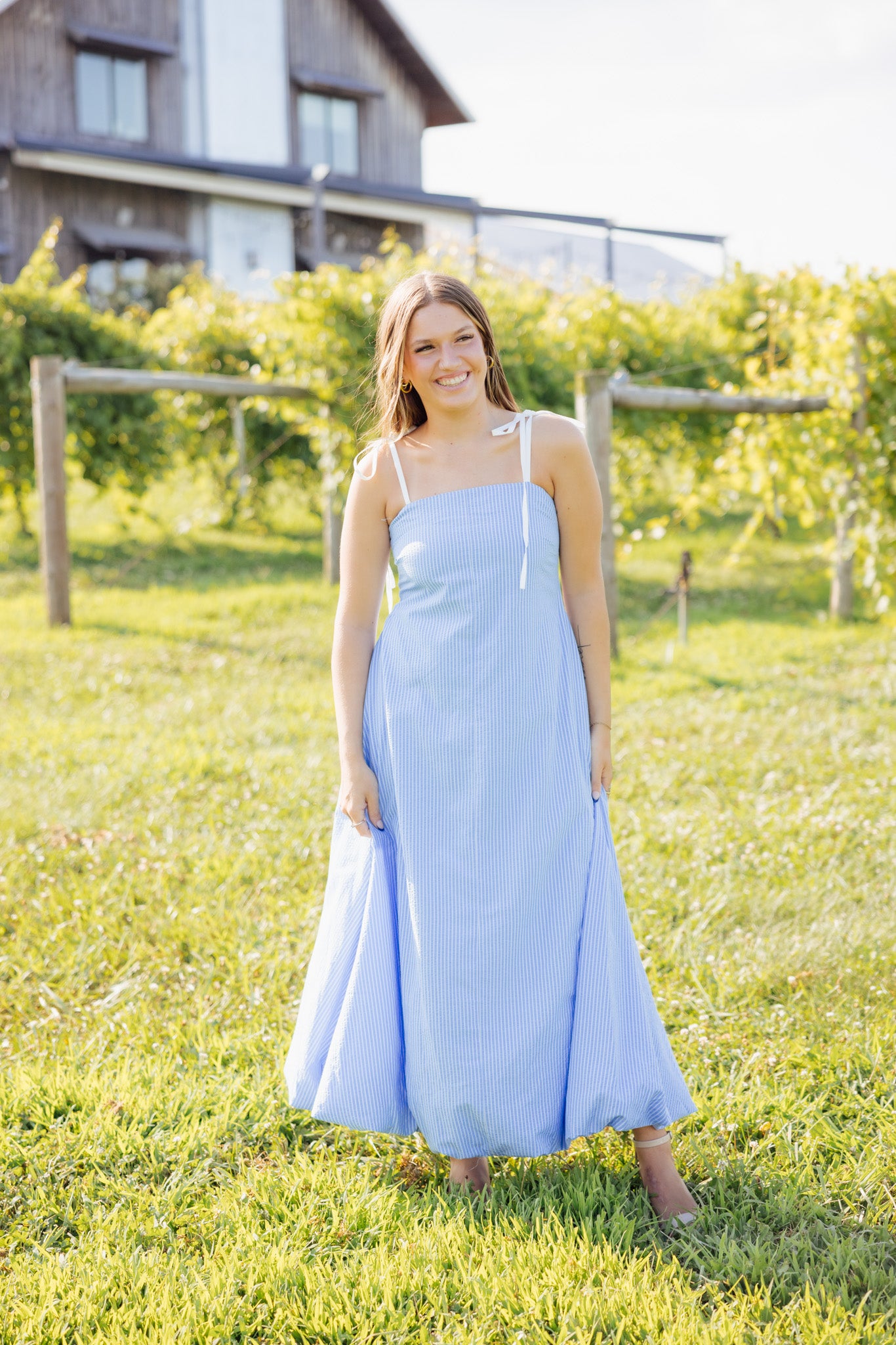 Blue Stripe Bubble Hem Maxi Dress