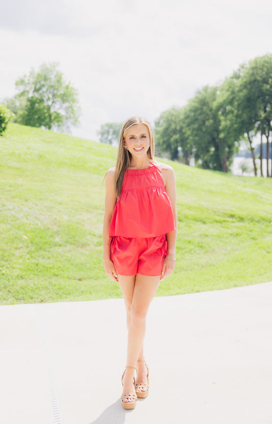 Red Poplin Ribbon Short Set