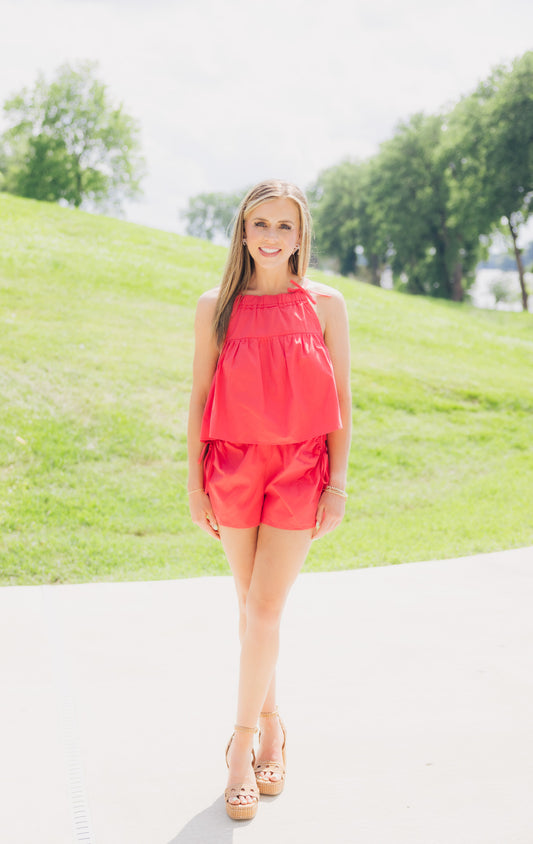 Red Poplin Ribbon Short Set