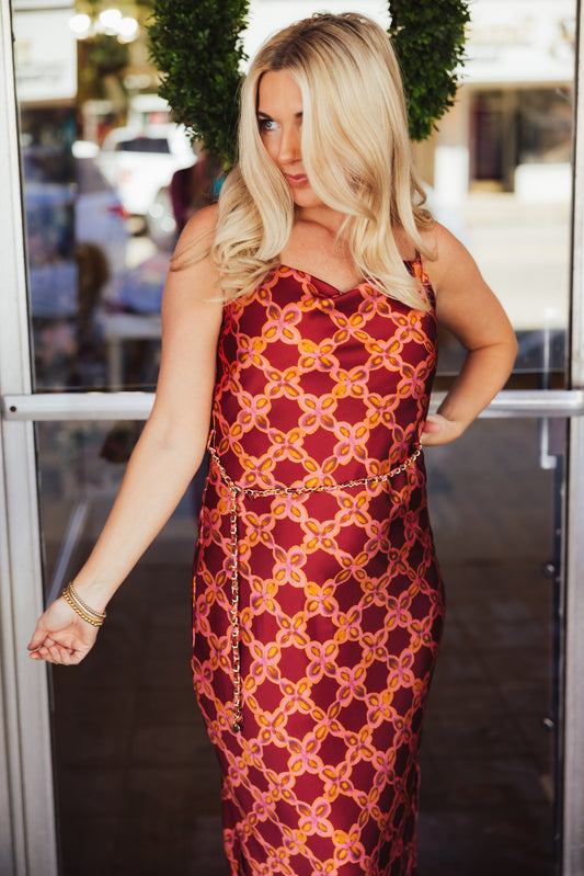 Burgundy Belted Midi Dress