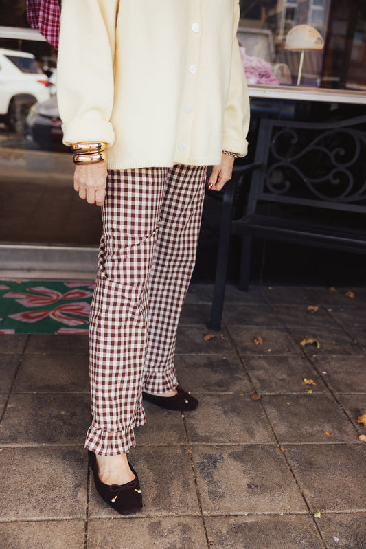 Brown Gingham Ruffle Pants