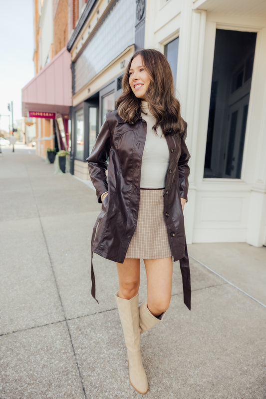 Brown Leather Belted Coat