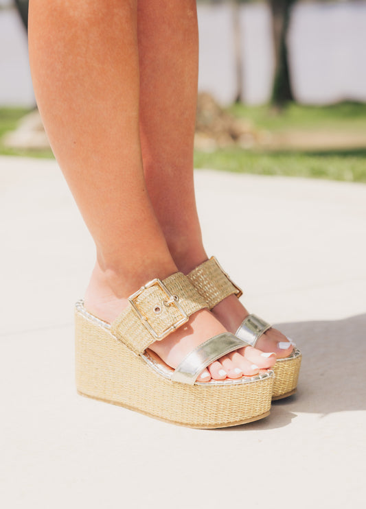 Gold Buckle Wedge Slides
