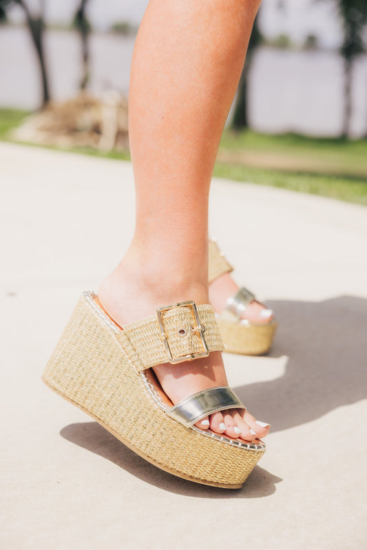 Gold Buckle Wedge Slides