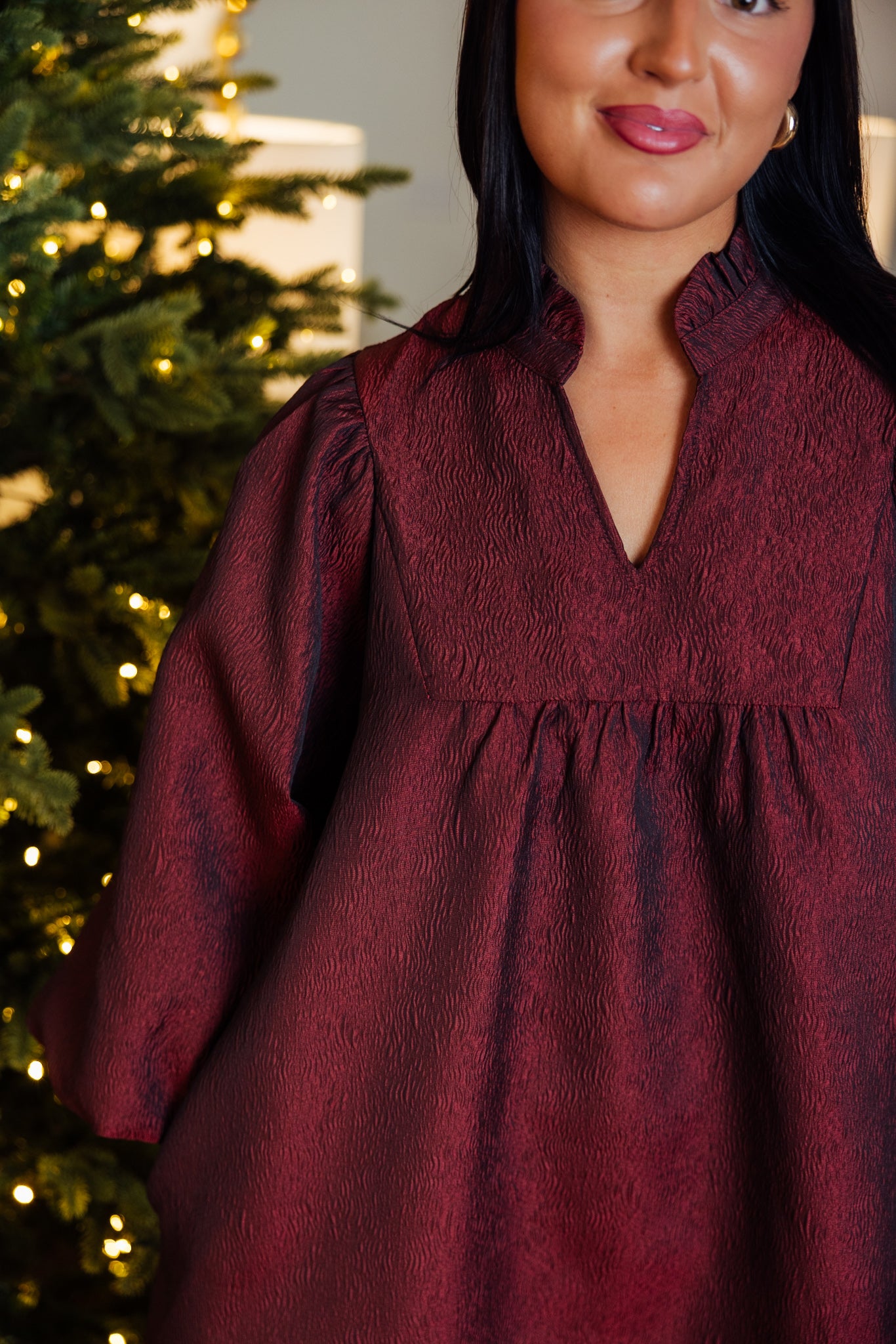 Burgundy Textured Babydoll Dress