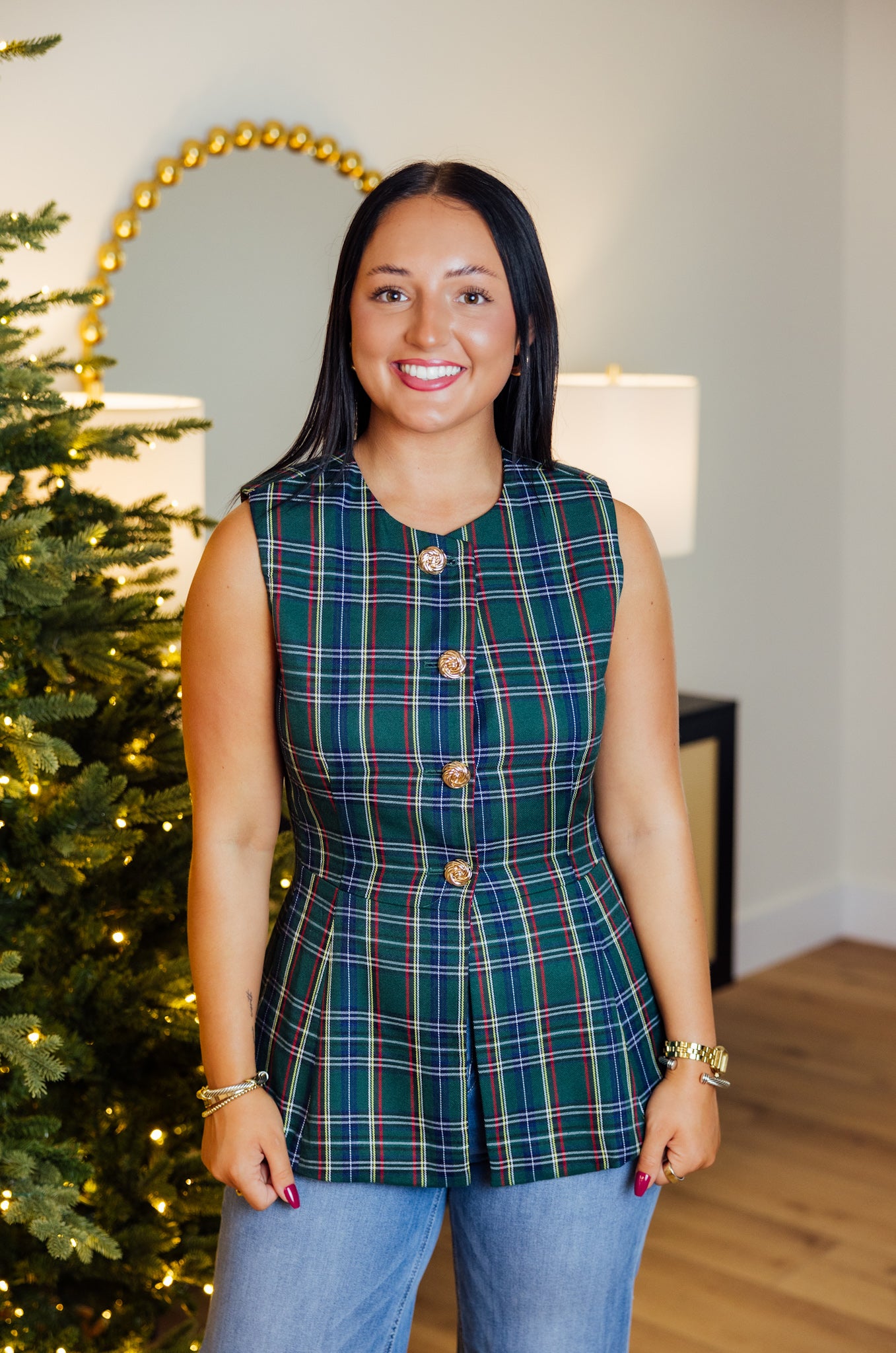 Green Plaid Fitted Vest