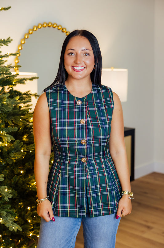 Green Plaid Fitted Vest
