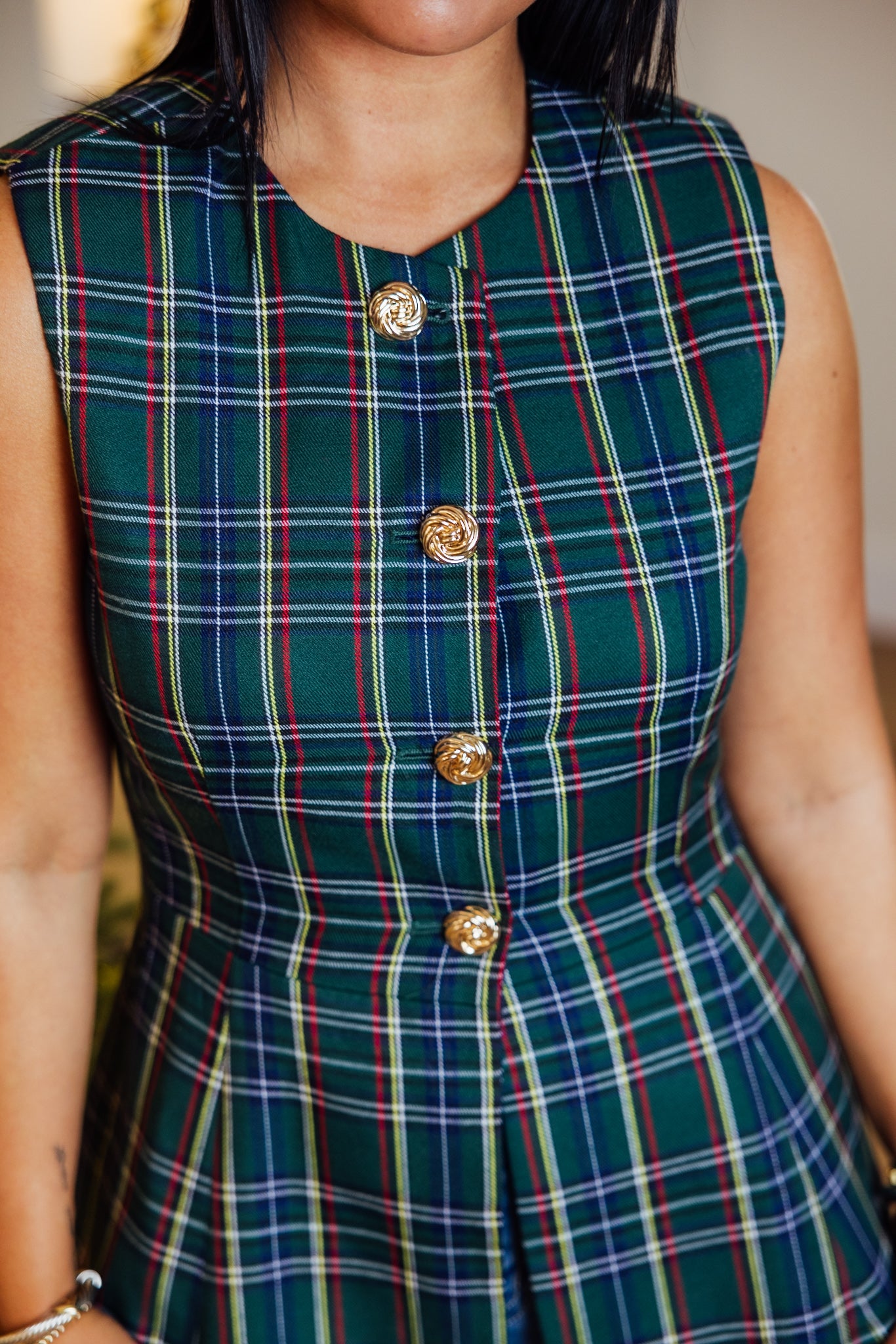 Green Plaid Fitted Vest