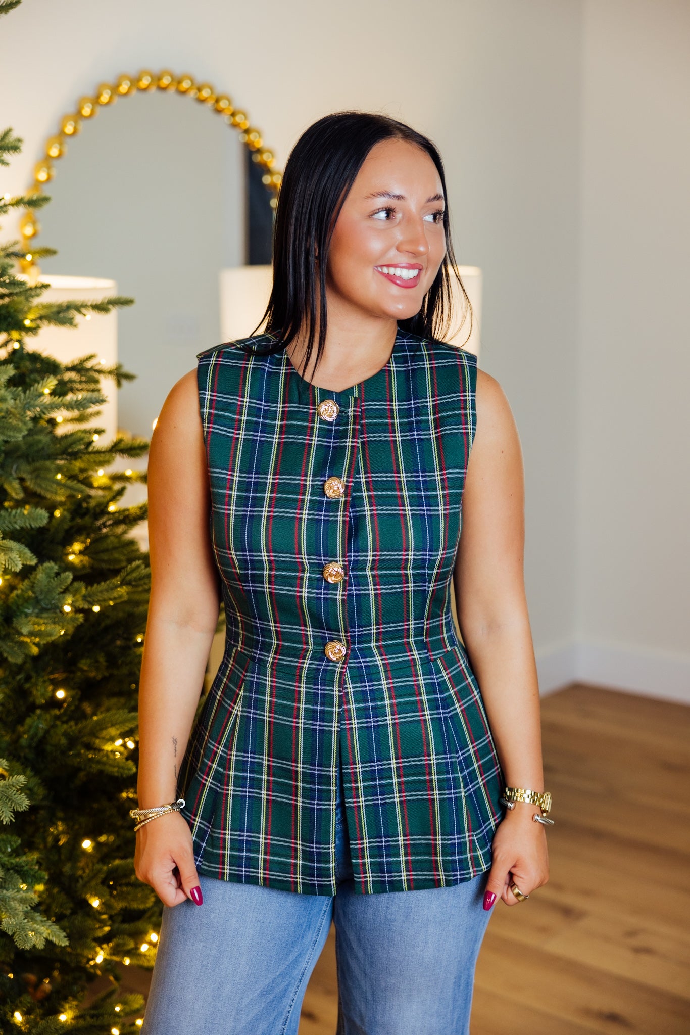 Green Plaid Fitted Vest