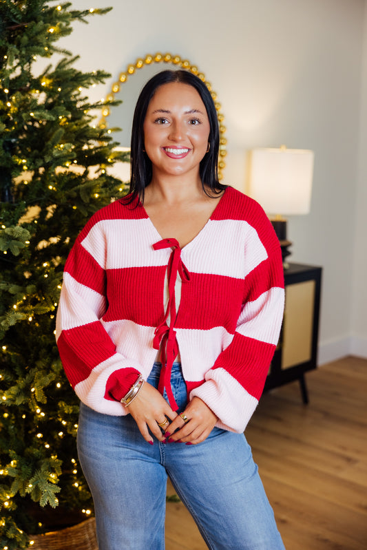 Pink Red Striped Cardigan