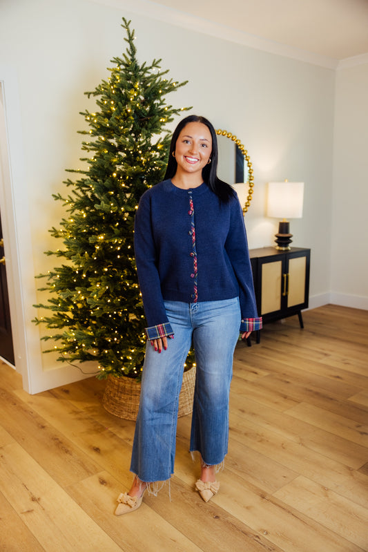 Navy Plaid Trim Cardigan