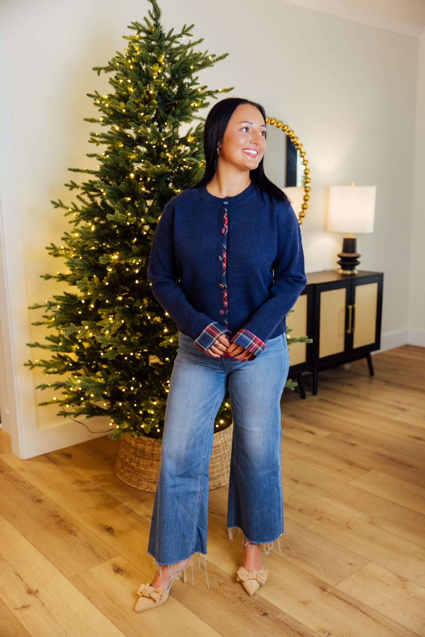 Navy Plaid Trim Cardigan