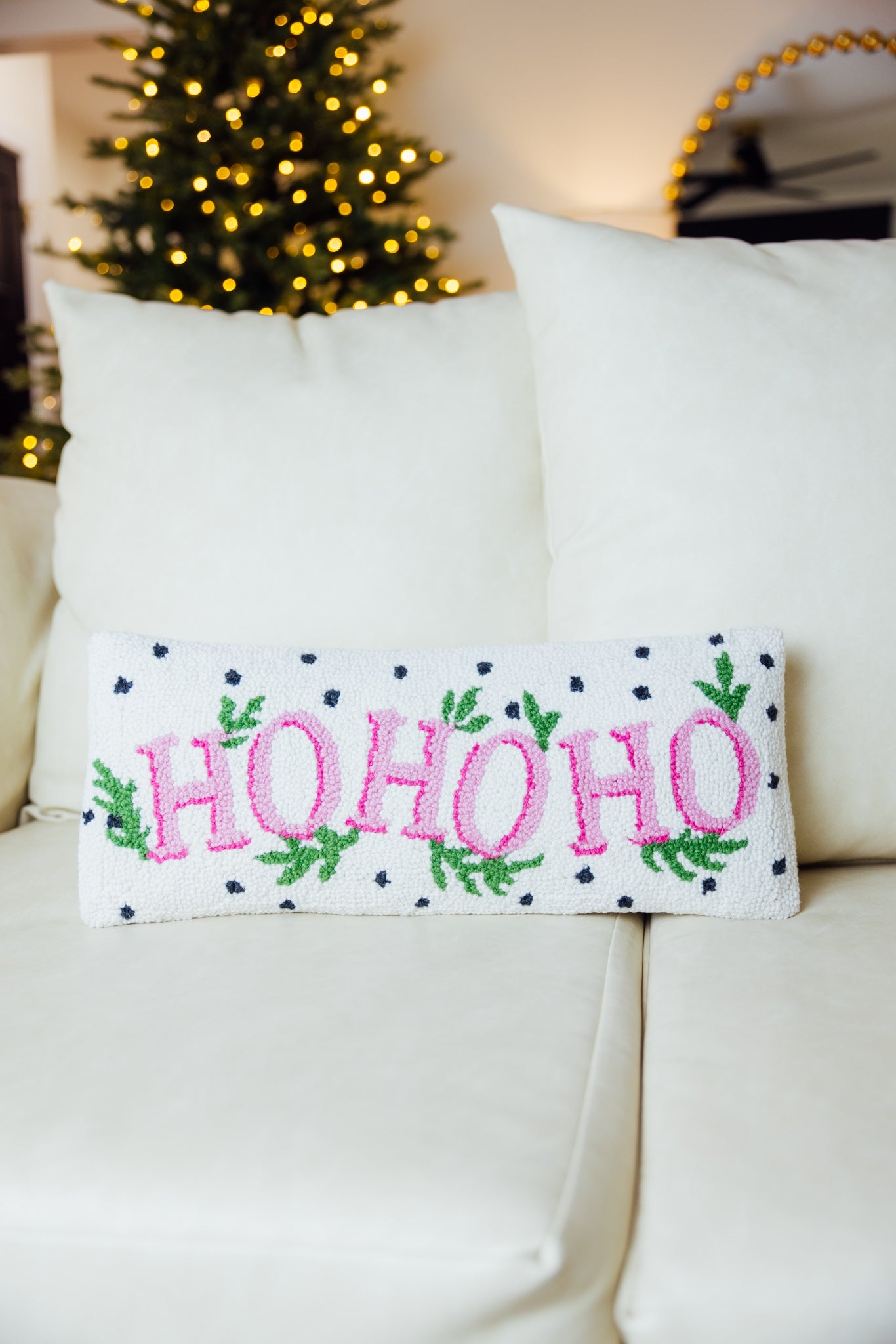 Spotted Holiday Ho Ho Ho Hook Pillow