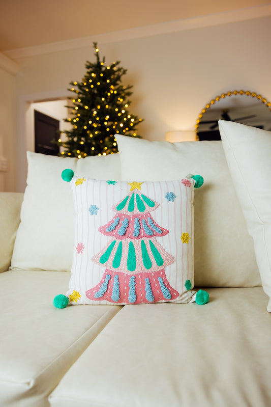 Holiday Brights Tree With Pompoms Pillow