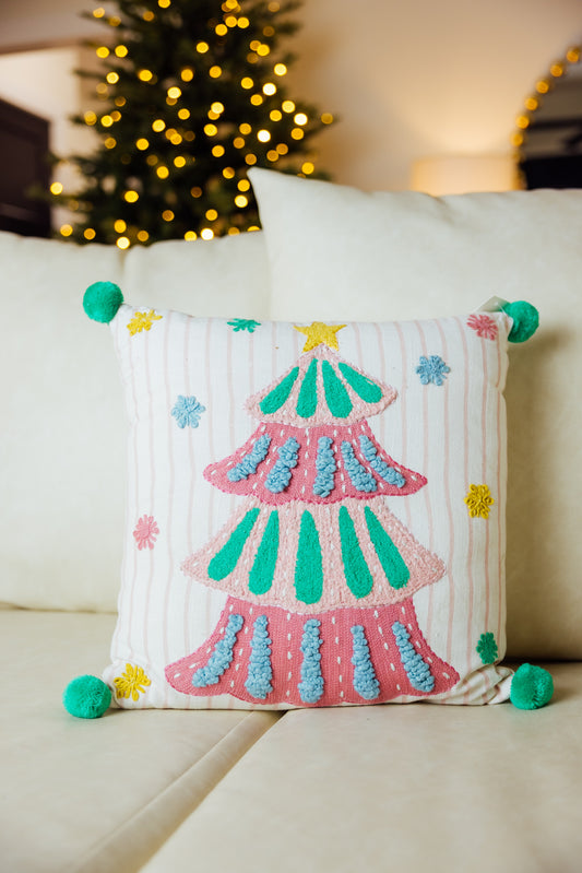 Holiday Brights Tree With Pompoms Pillow