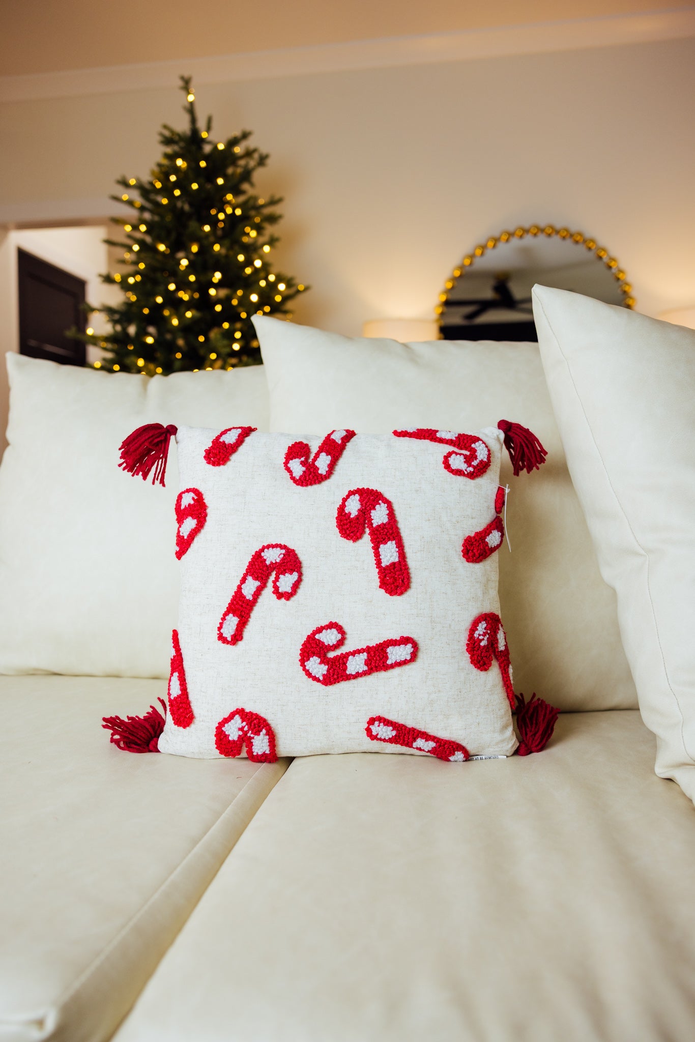 Candy Canes Tassels Tufted Pillow