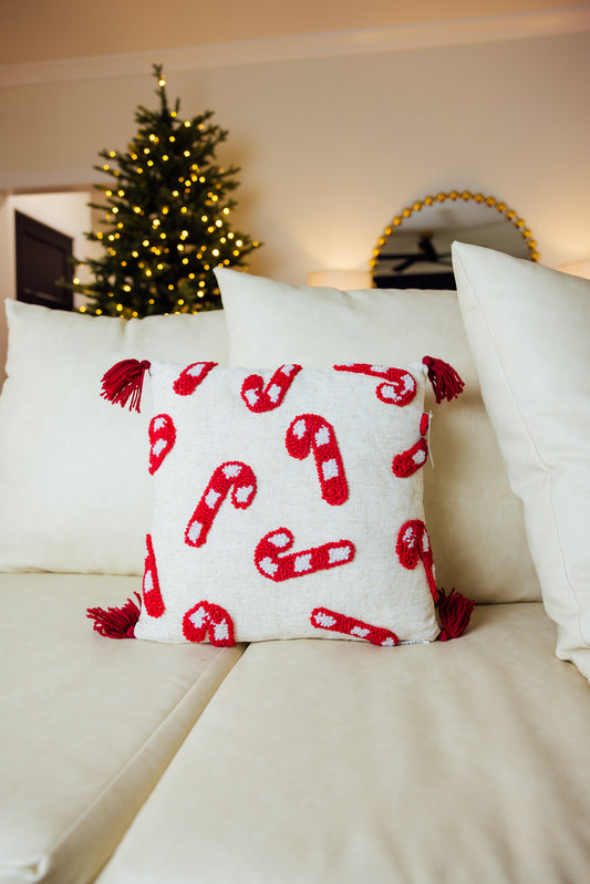 Candy Canes Tassels Tufted Pillow