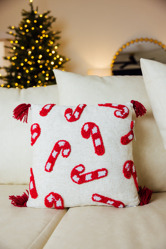 Candy Canes Tassels Tufted Pillow