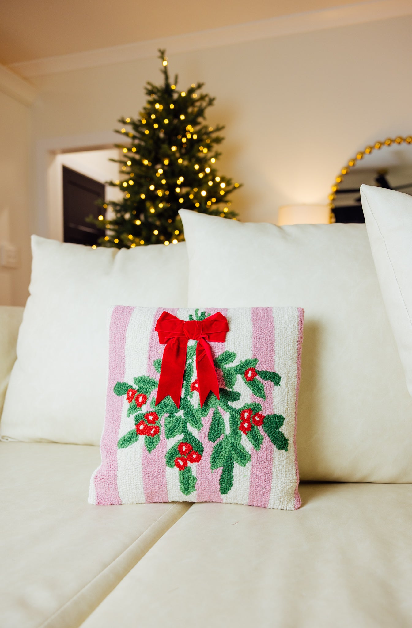 Pink Stripe Mistletoe With Ribbon Pillow