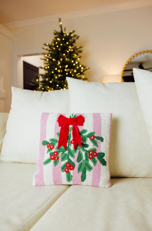 Pink Stripe Mistletoe With Ribbon Pillow