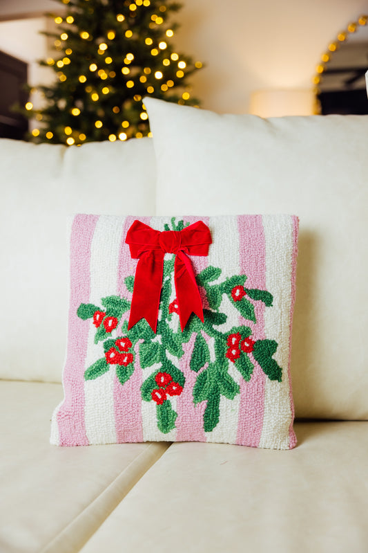 Pink Stripe Mistletoe With Ribbon Pillow