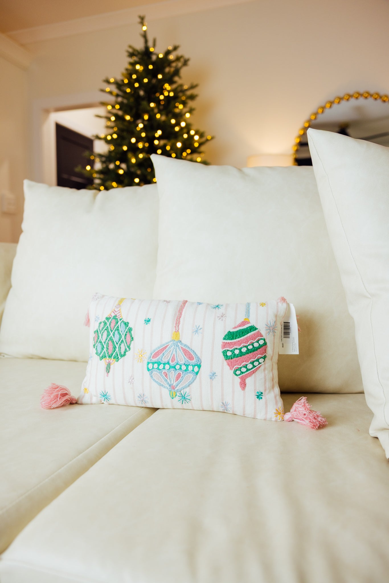 Holiday Brights Ornaments With Tassels Pillow