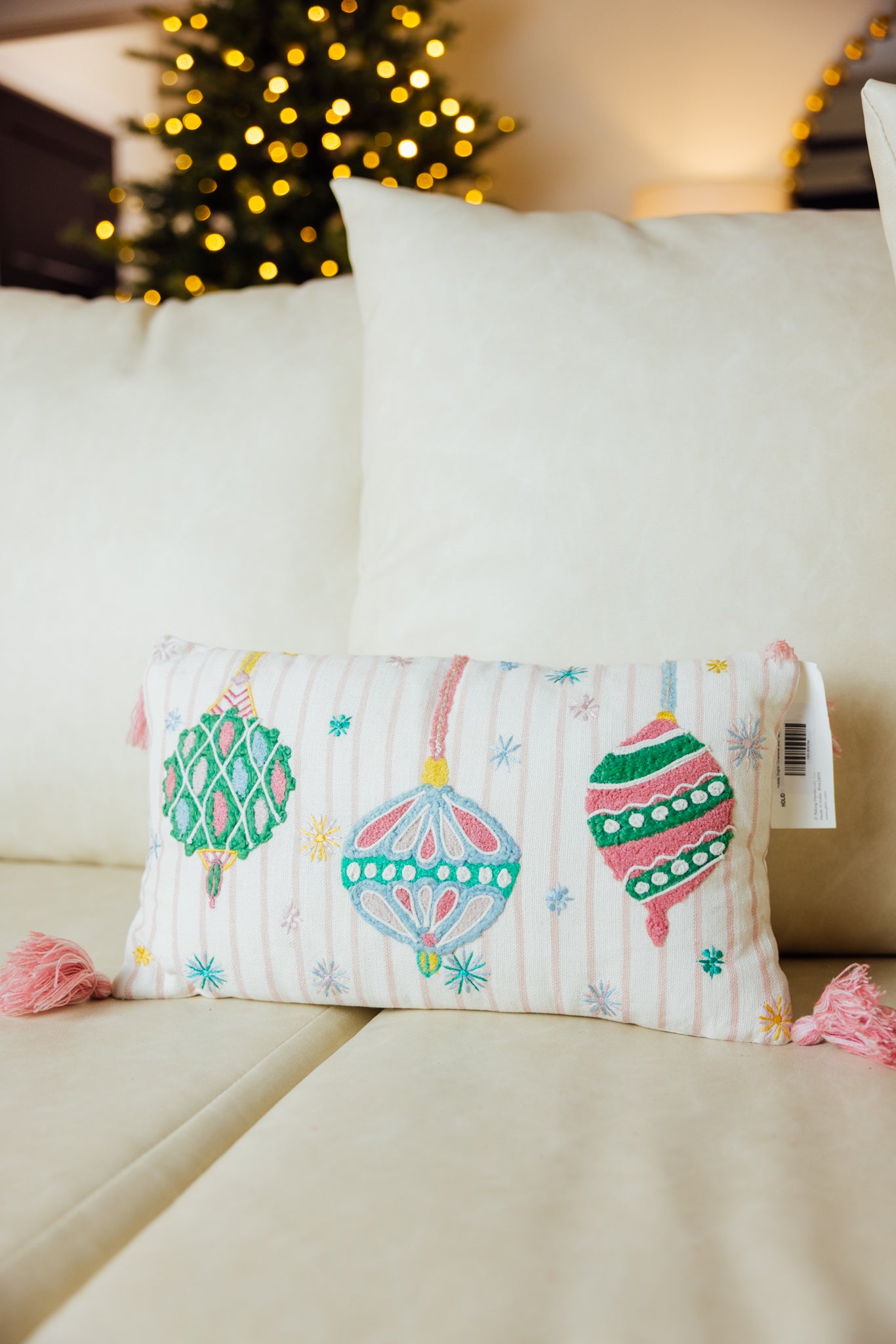 Holiday Brights Ornaments With Tassels Pillow