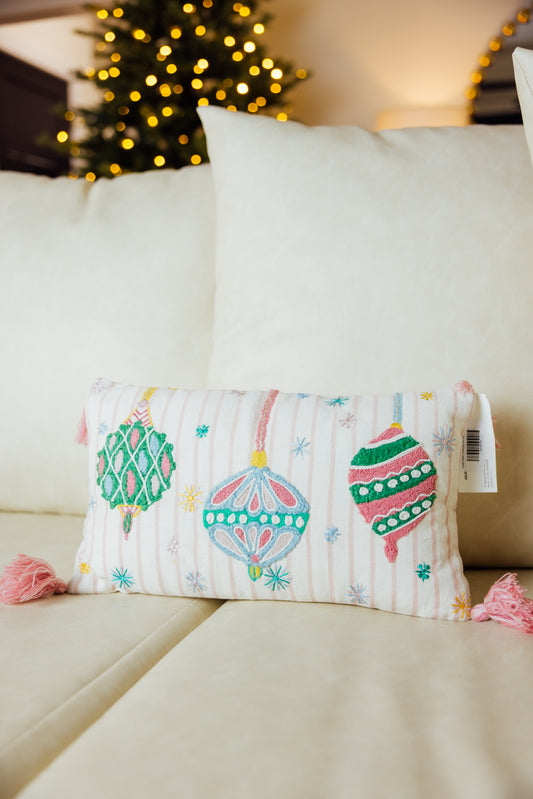 Holiday Brights Ornaments With Tassels Pillow
