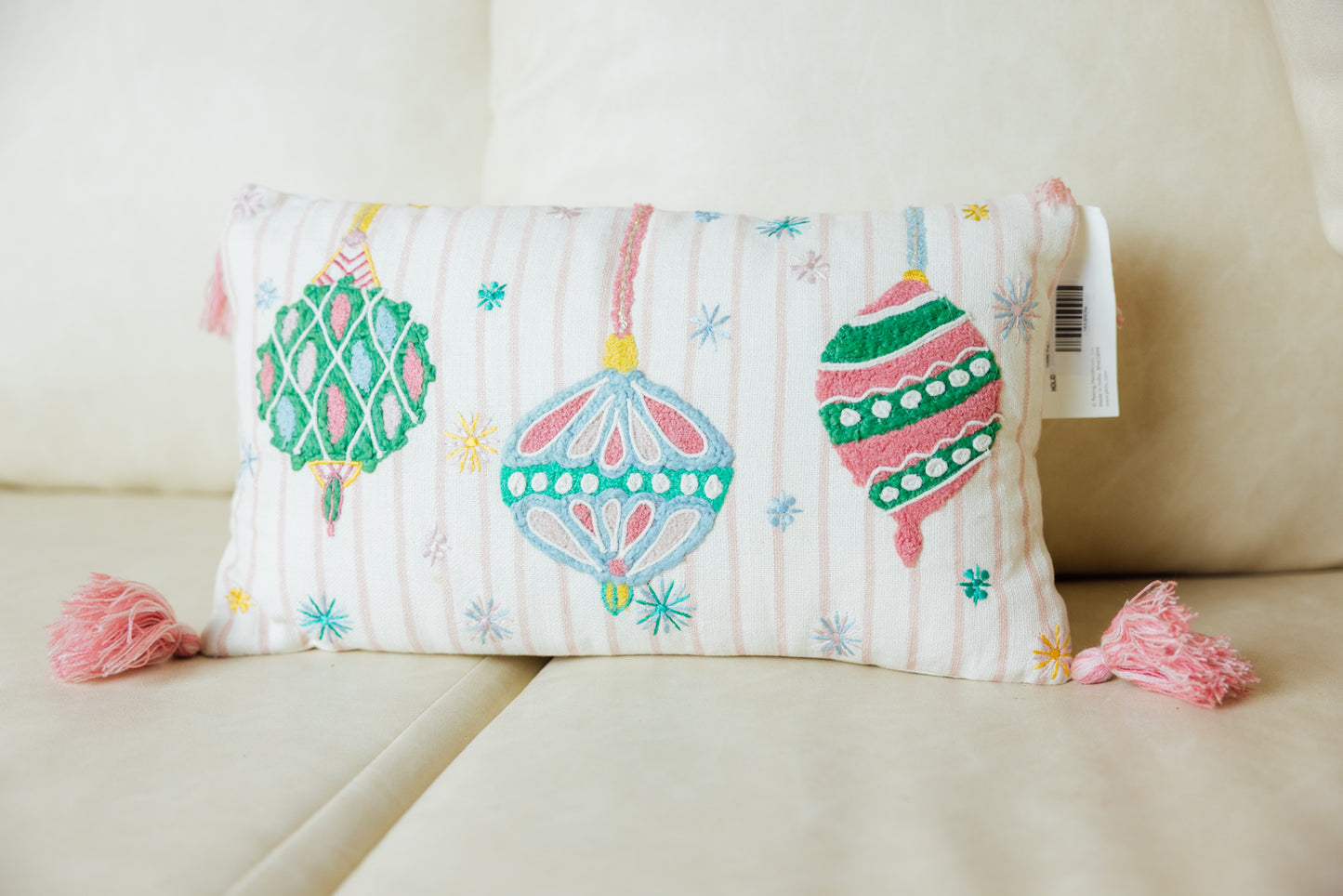 Holiday Brights Ornaments With Tassels Pillow