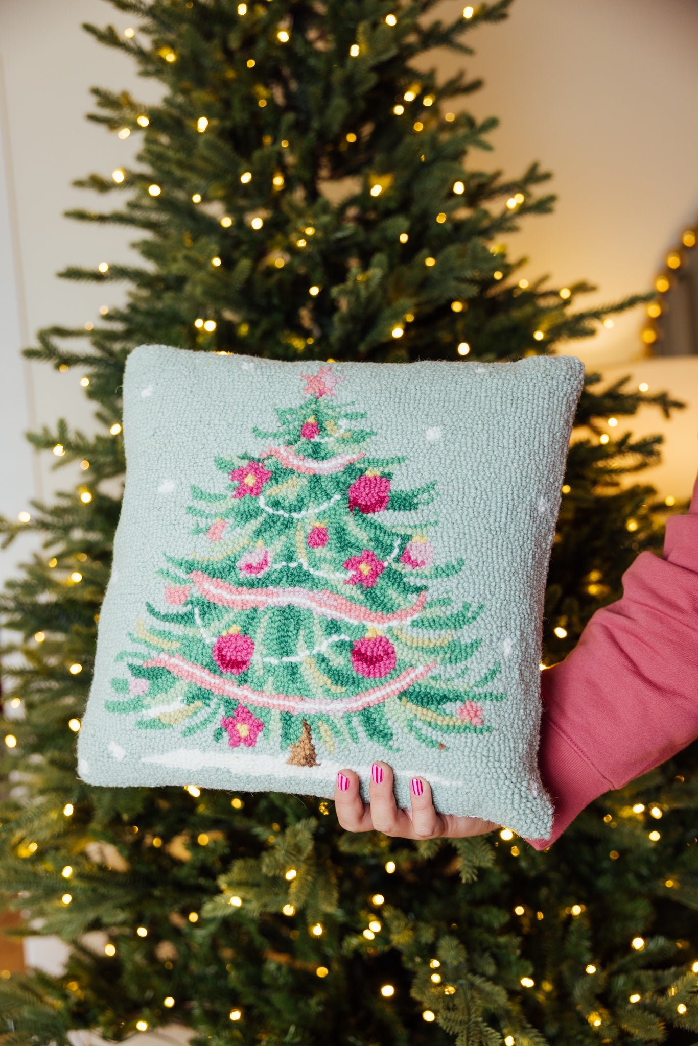 Pink & Green Christmas Tree Hook Pillow